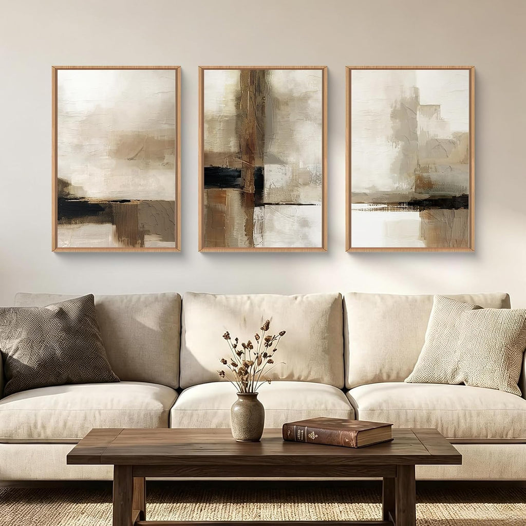 Abstract Neutral Vintage Earth Tone Framed Canvas Wall Art Set,Modern Minimalist Rustic Brown Beige Wall Decor,Wabi