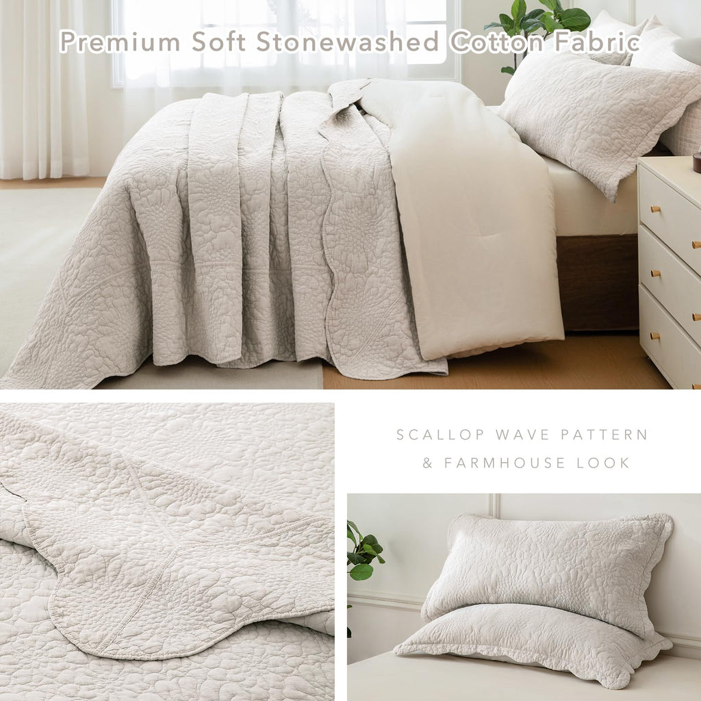 Light Wheat Stonewashed Cotton Oversized King Quilt Bedspread (128"x120"), 3PCs Farmhouse Rustic Wave Pattern