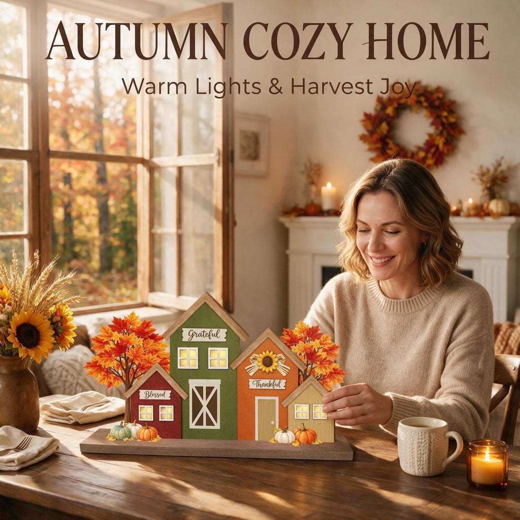 Fall Decor with LED Lights, Blessed Grateful Thankful Wooden Harvest Village Table Sign, Lighted Tabletop Decorations