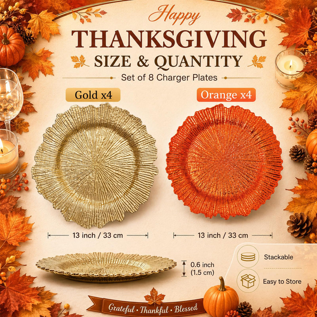 8 Pack 13" Gold and Orange Fall Colors Charger Plates