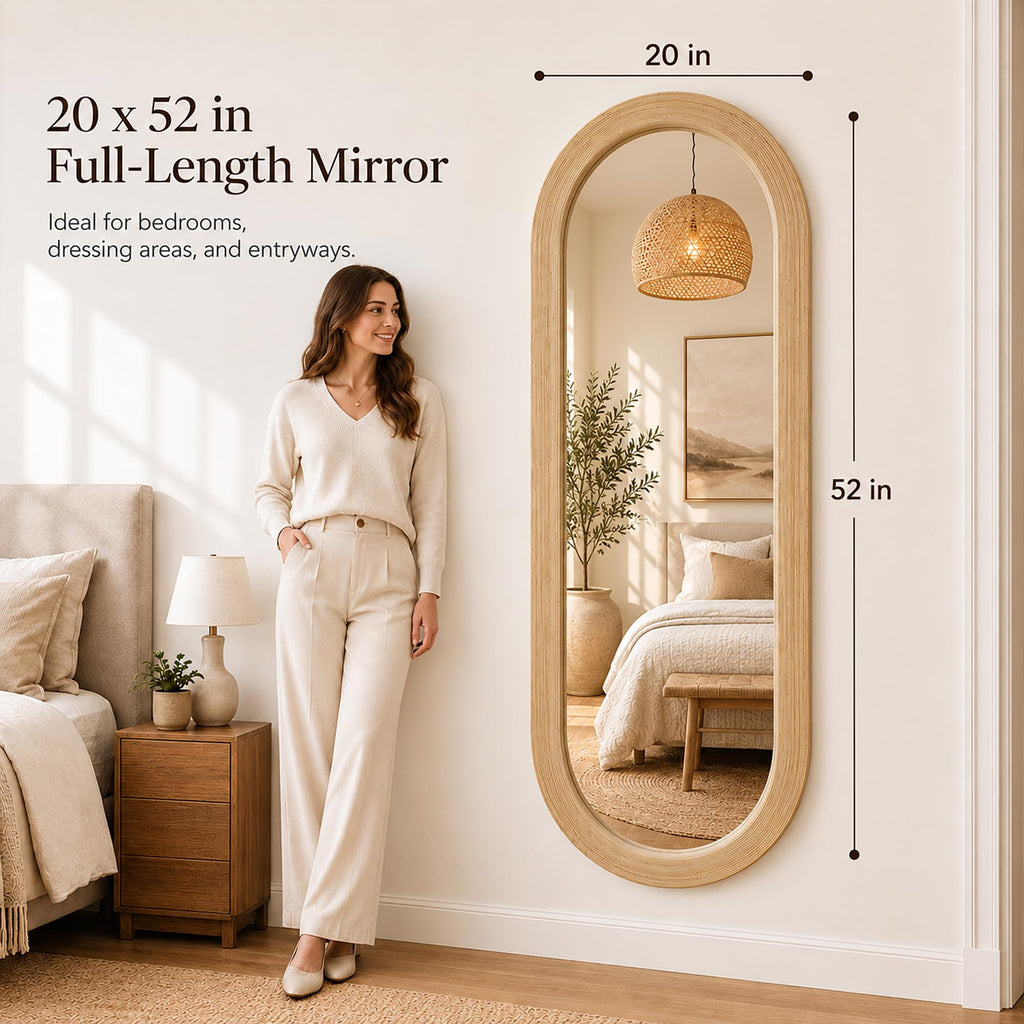 20" x 52" Long Oval Full Length Wall Mirror, Bamboo Strip Frame