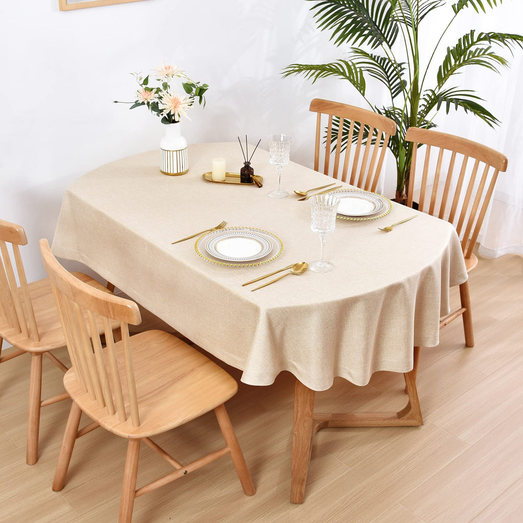 Polyester Oval Tablecloth Heavy Duty Wrinkle Resistant Fabric Table Cloths 60 x 102 Inch Beige Farmhouse Rustic Table