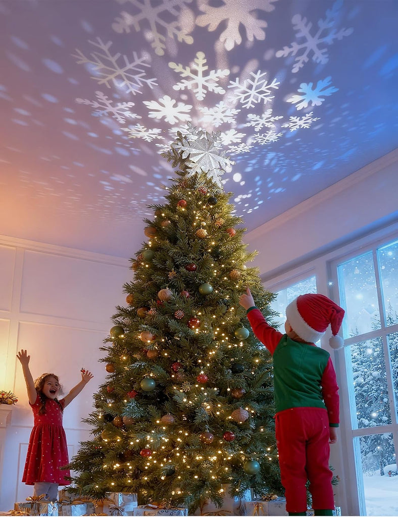 Christmas Tree Topper with Rotating Snowflake Projector, Silver