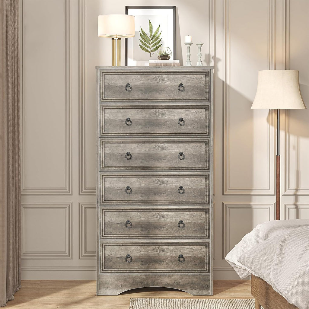 6 Drawer Dresser 52" Tall , Wood 6 Chest Drawers, Storage for Clothes, Narrow Large Drawers, Taupe Vintage