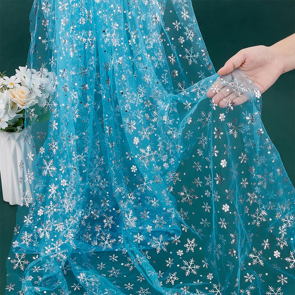 1 Yard Snowflake Tulle Fabric, 63inch Blue Sheer Organza Fabric with Silver Foil Snowflake Print for Garment