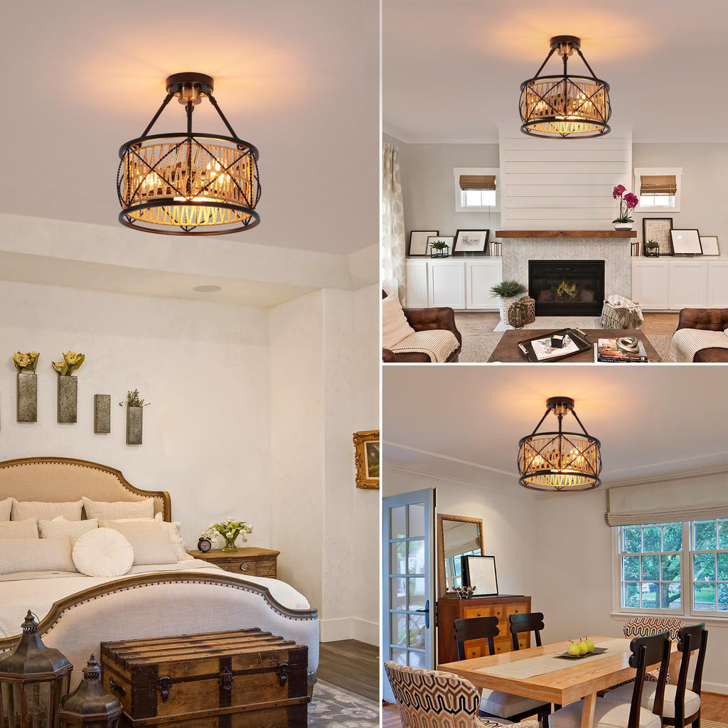 3-Light Hand Woven Boho Ceiling Light, Farmhouse Industrial Dual Round Semi Flush Mount Chandelier, Black Gold Rattan