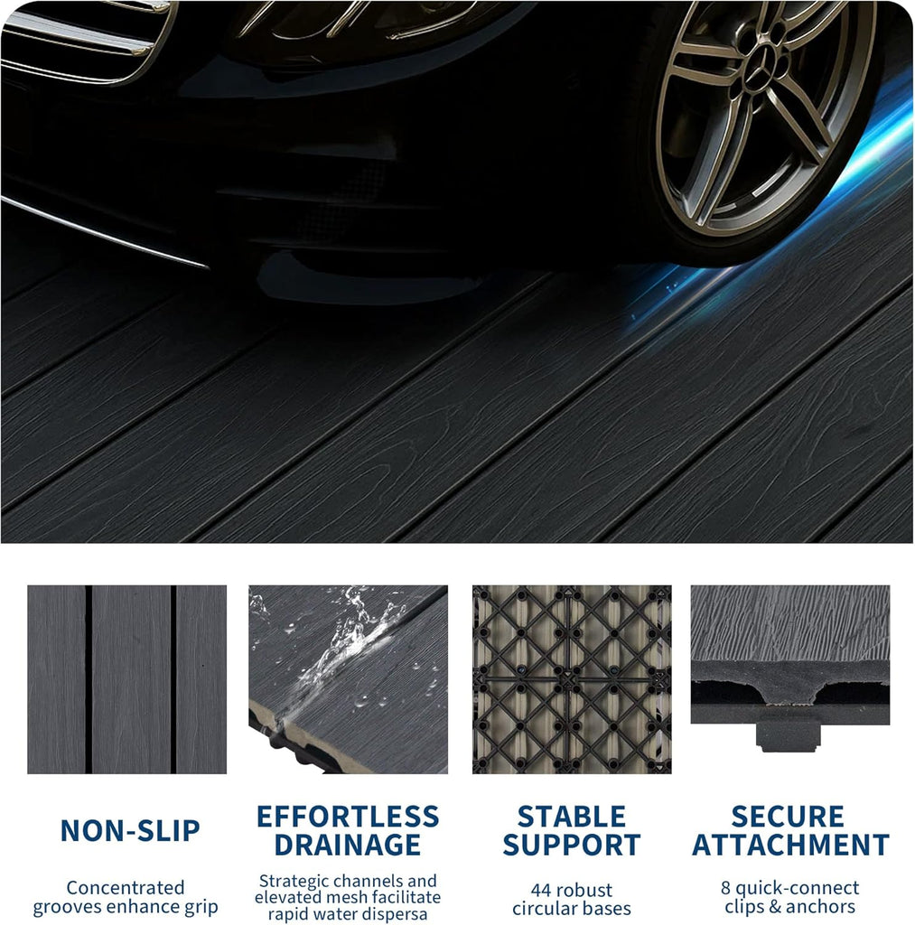 Waterproof Composite Interlocking Deck Tiles 12"X12", All-Weather Wood-Look Snap-Together Flooring for Patio, Balcony