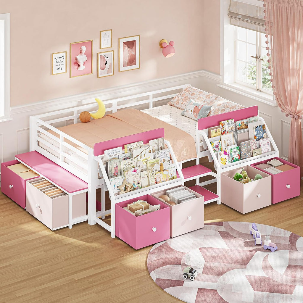 Montessori Kids Floor Bed with Guardrails & 6 Storage Drawers, Pink