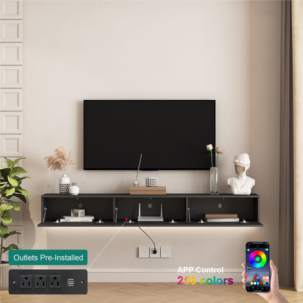 Mesa Flotante para TV 69 inch, Black Floating TV Stand Wall Mounted, Floating Entertainment Center with Fluted