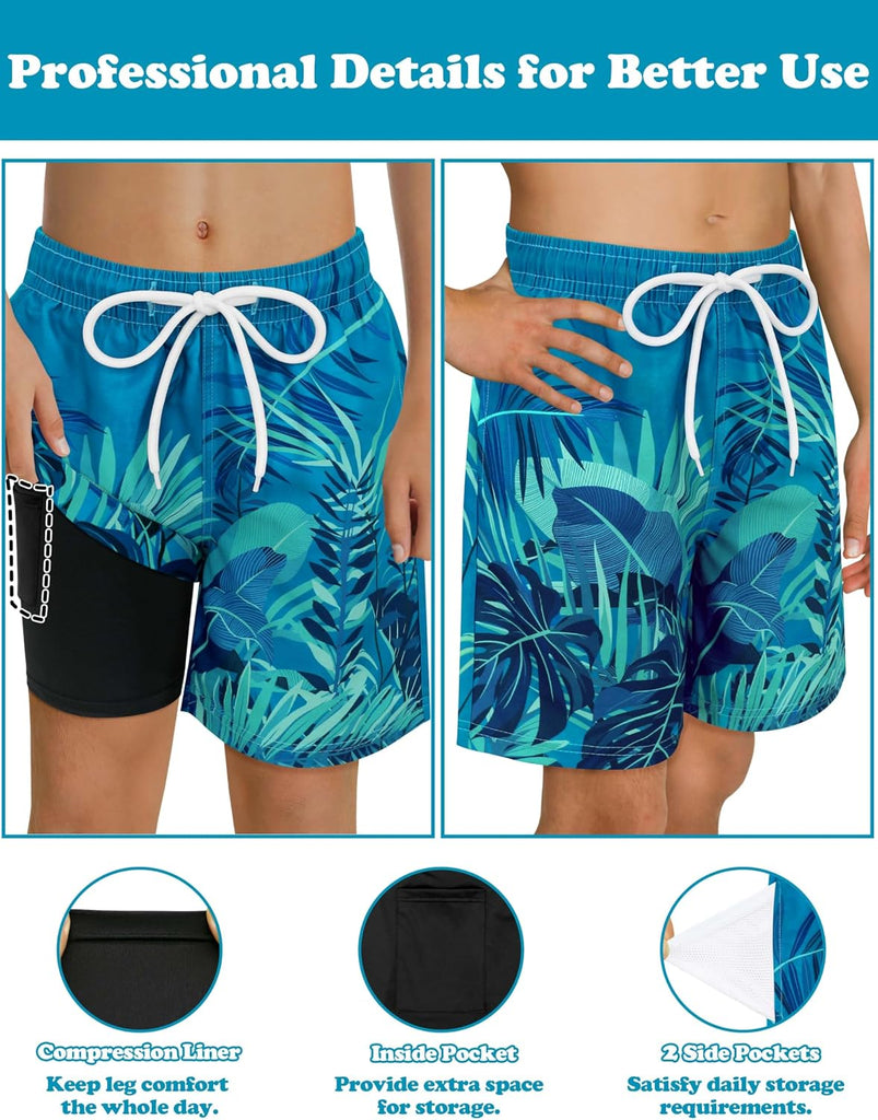 Boys Swim Trunks with Compression Liner Kids Bathing Suits Boys Board Shorts Quick Dry Teen Swim Trunks Boy Swimsuit