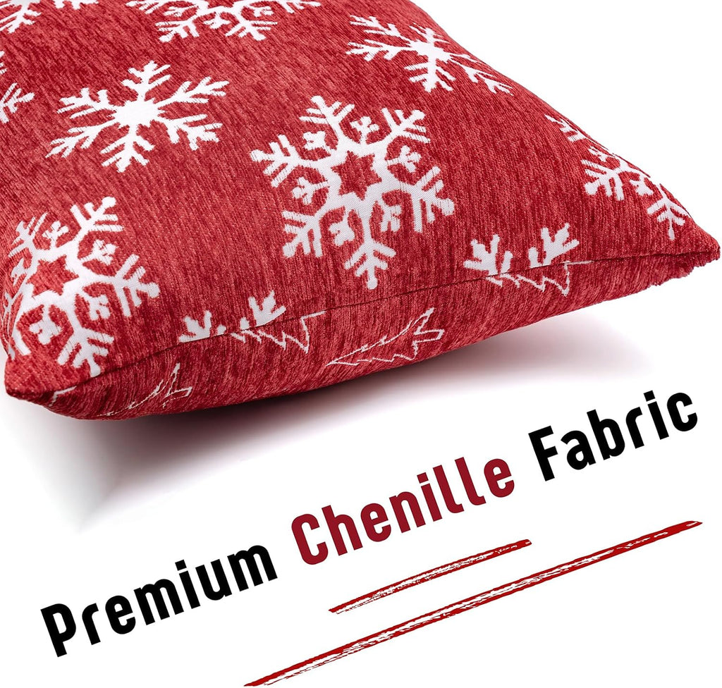Christmas Chenille Pillow Covers 20x20, Reversible Snowflake & Tree Design, Cozy Farmhouse Holiday Throw - Set of 2