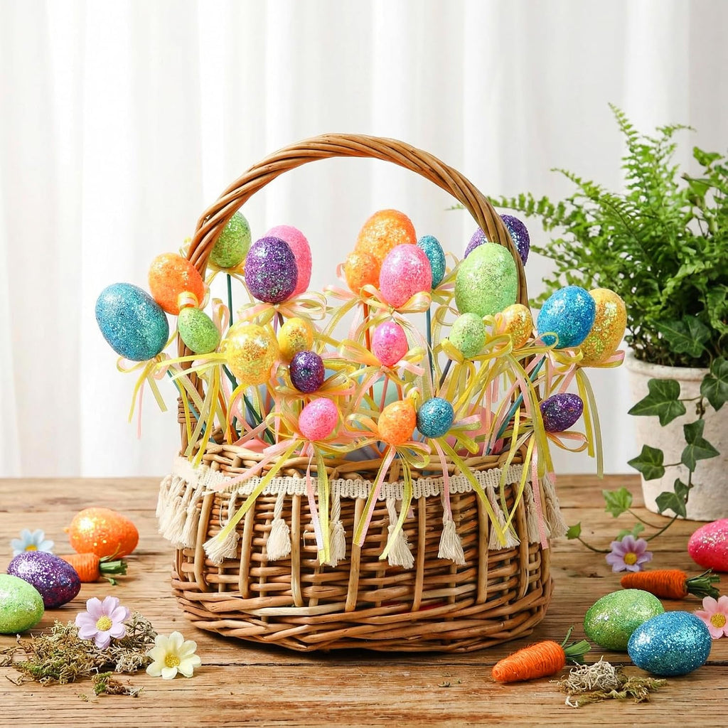 Easter Egg Picks Glitter Foam Easter Cupcake Picks Spring Colorful Floral Egg Stems for Tree Topper Decor - Set of 24
