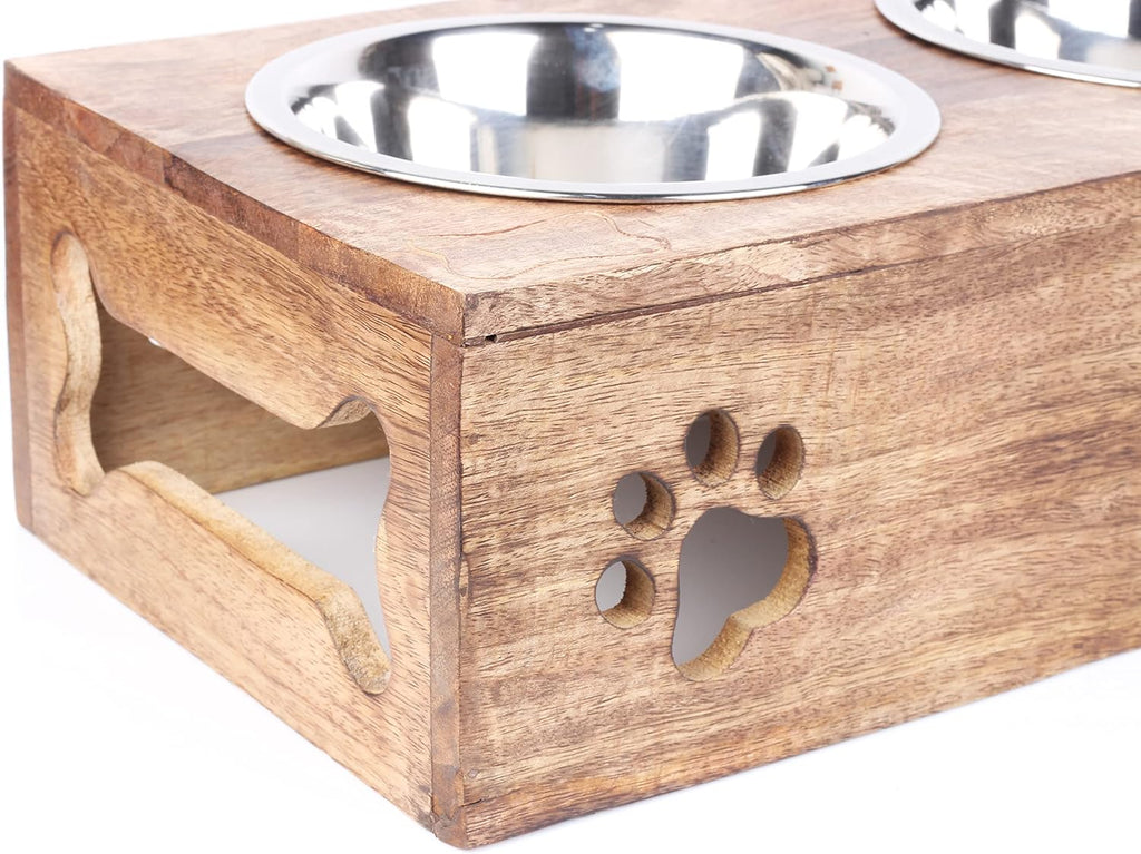 Wooden Dog Cat Pet Feeder Station Stand with 2 Stainless Steel Bowls | Raised Cat Bowl Dogs Bowl Elevated Cat Dog