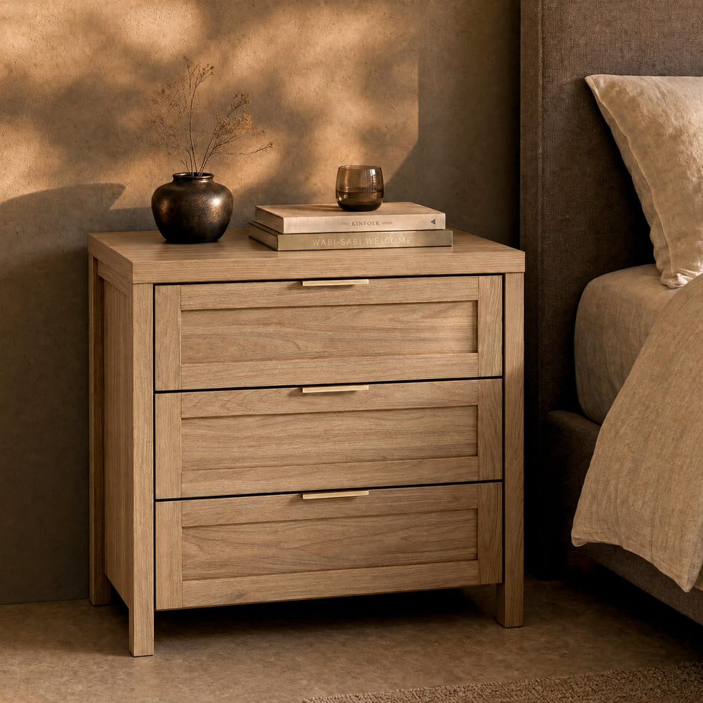 Nightstands Set of 2, 3 Drawer Bedside Table, Weathered Oak