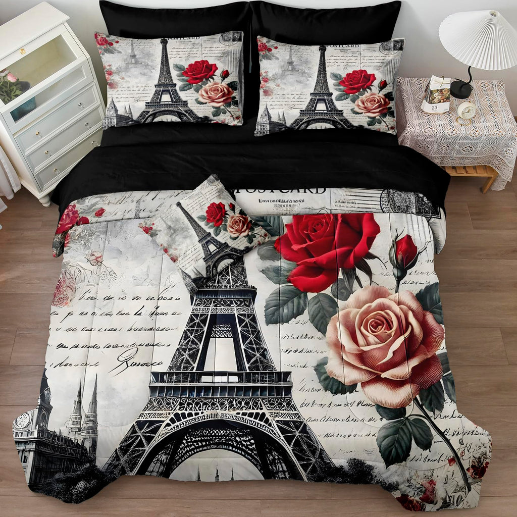Vintage Paris Bedding Set Romantic Eiffel Tower Comforter Set King Size 8-Piece Parisian Style Comforter Set Elegant