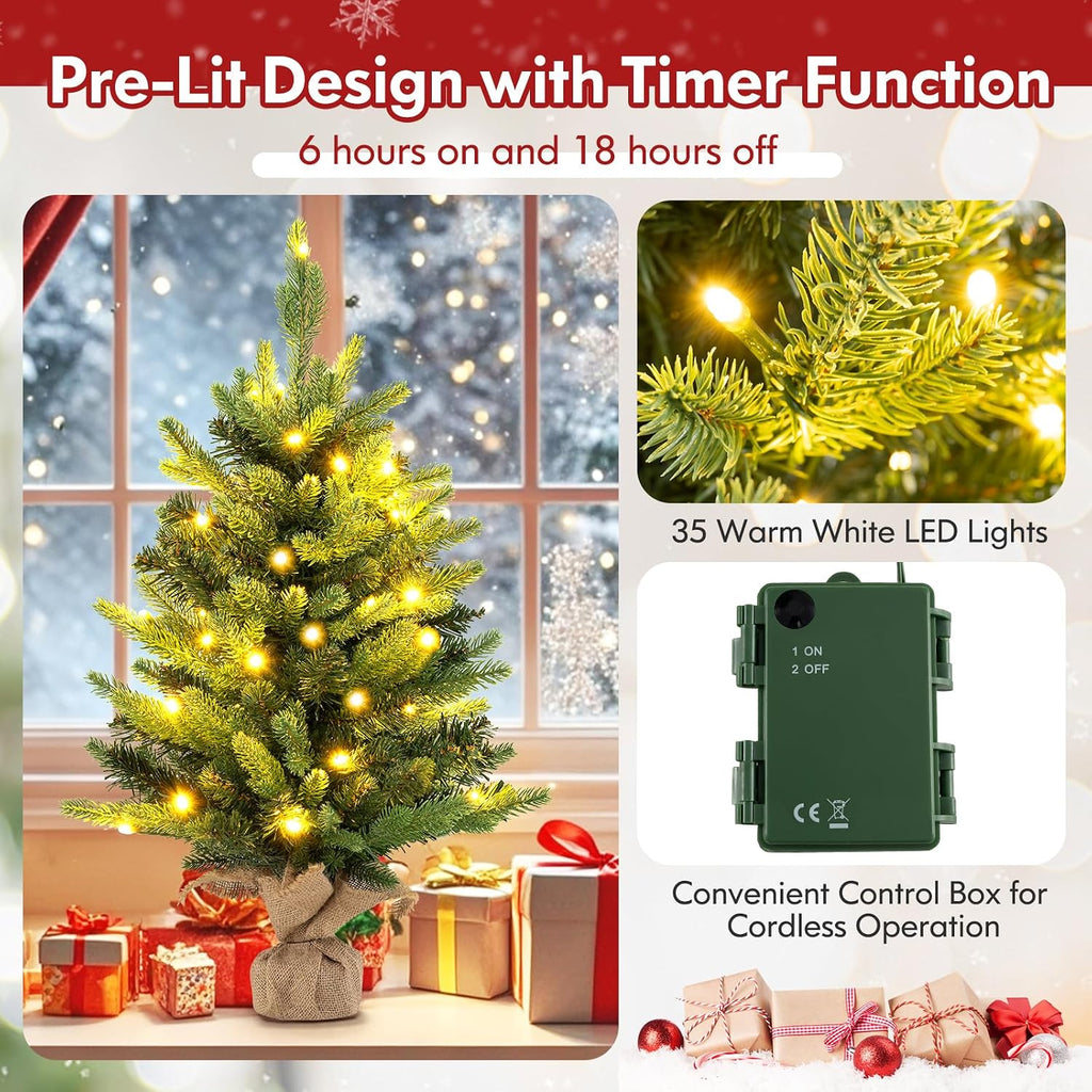 2ft Pre-Lit Tabletop Christmas Tree with 35 Lights, Battery Operated