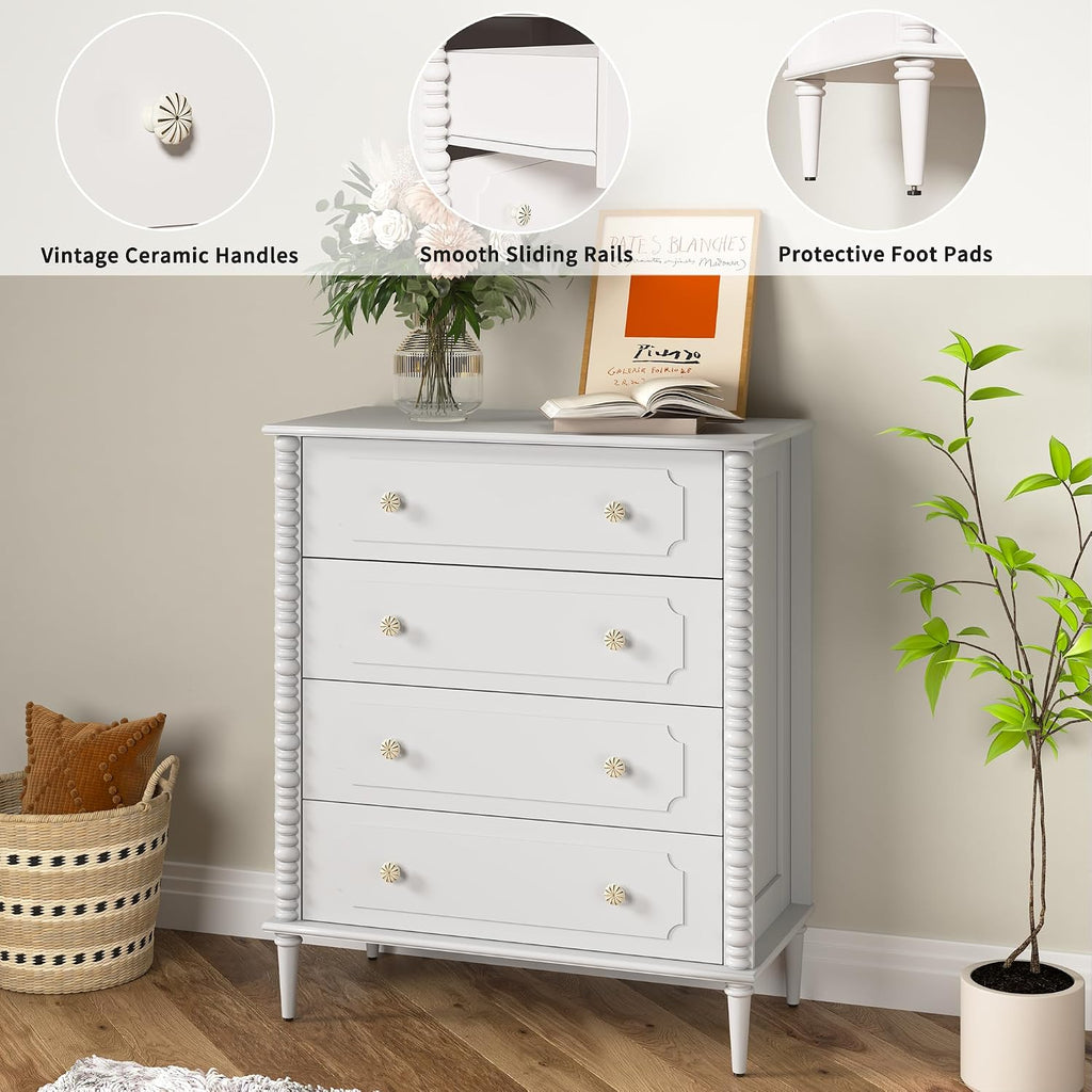 White Dresser with 4 Drawer, 37" Tall Chest of Drawers with Turned Legs and Ceramic Knobs,Vertical Dresser, Wood