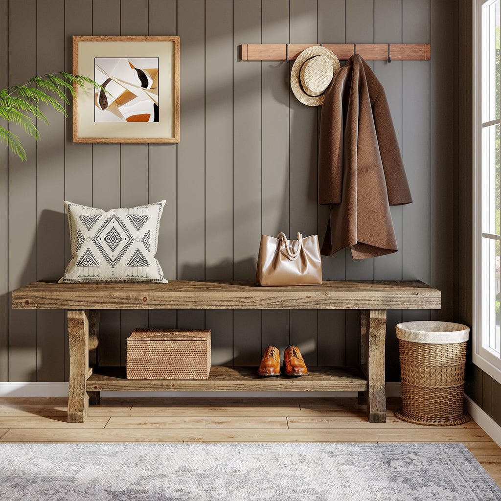 Solid Wood Storage Bench, Farmhouse Entryway Bench, Long Indoor Dining Seat, Easy Assembly, Dark Brown