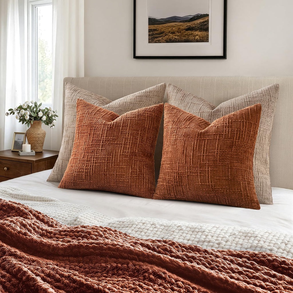 Chenille Textured Fall Euro Throw Pillow Covers Burnt Orange 22x22