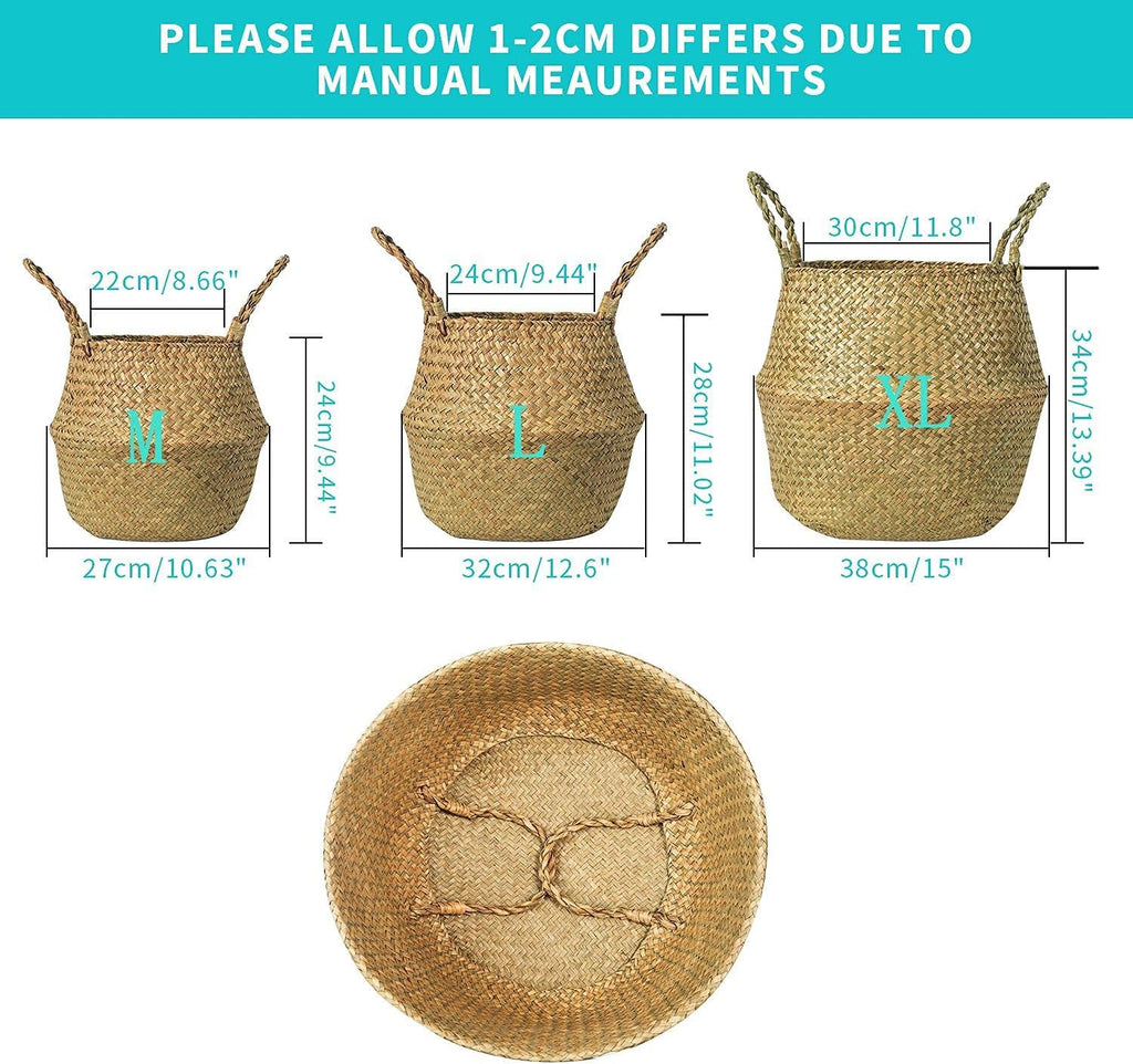 Seagrass Belly Basket, Set of 2 Woven Plant Pot Holder Handmade Home Decor for Storage Plants Picnic Grocery