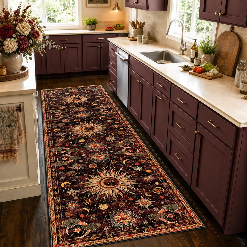 Vacuum-Friendly, 2x8 Washable Area Rug, Red Gold Beige