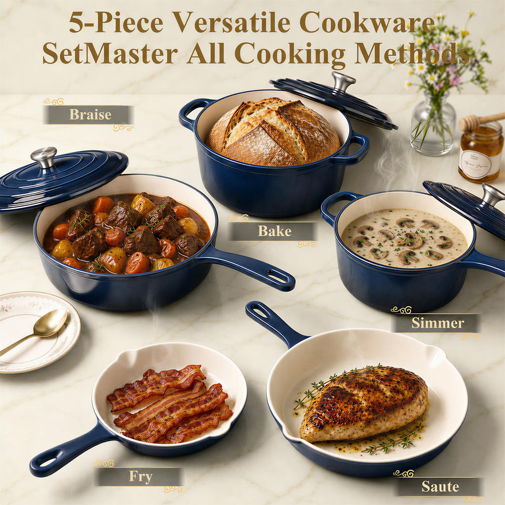 5-Piece Navy Blue Enameled Cast Iron Cookware Set