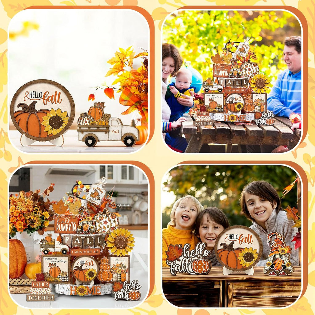 Fall Tiered Tray Decor Set Hello Fall Thanksgiving Wood Sign Pumpkin Sunflower Gnome Farm Truck Wood Bead - Set of 21