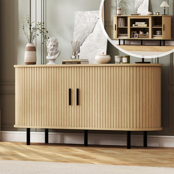 55'' Mid Century Fluted TV Stand-Curved TV Cabinet with Storage, Sliding Doors & Adjustable Shelves-Entertainment