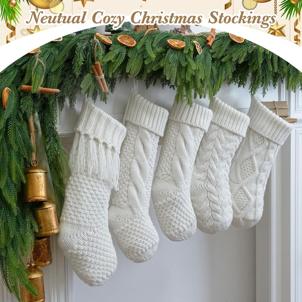 White Farmhouse Christmas Stockings - Rustic Boho Vintage Cable Knit Set, Includes 3 Small 15" and 2 Large 18" - Set of 5