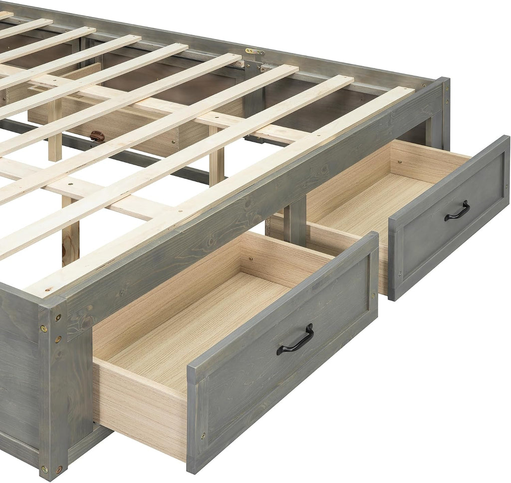 Antique Gray Wood Bed Frame, Farmhouse Japanese Low Platform Wooden Beds Frames with 6 Storage Drawers