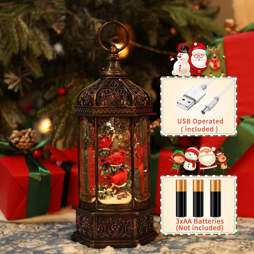 12.6Inch Cardinal Christmas Snow Globes,Musical Light Up Glitter Red Cardinal Snow Globe Lanterns,6H Timer USB
