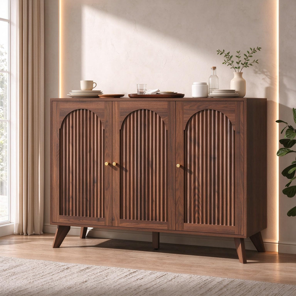 Modern Arched Storage Cabinet 95"W Wood Sideboard Buffet Cabinet Walnut
