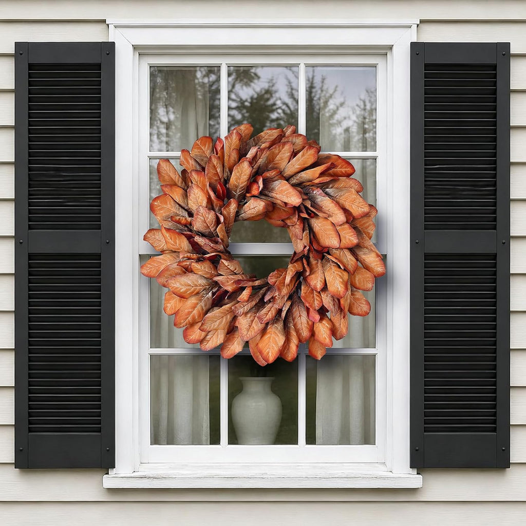 26" Artificial Fall Magnolia Leaf Wreath for Front Door Decoration (Orange)