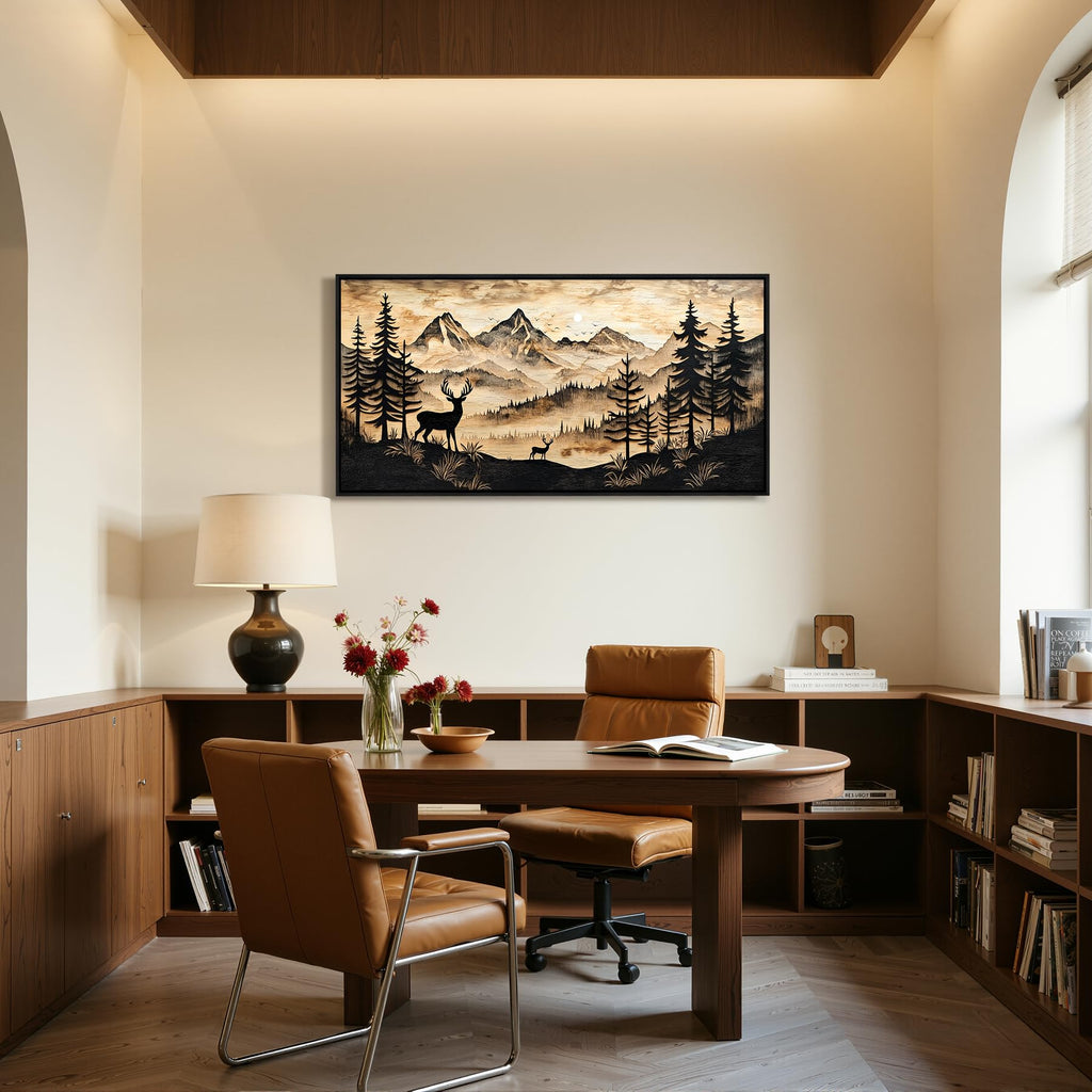 Framed Forest Wall Art, Deer Rustic Landscape Wall Decor 20"x40"