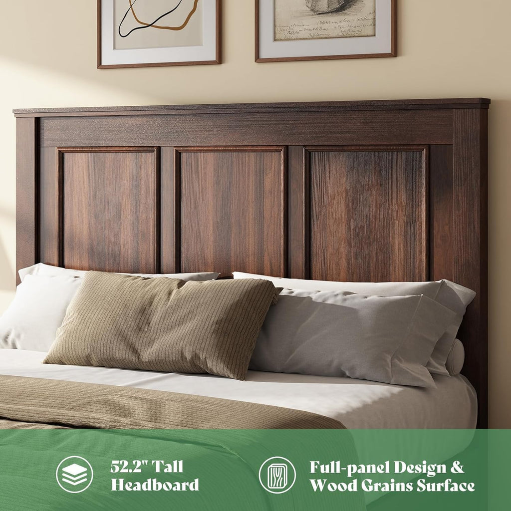 52.2" Farmhouse Bed Frame with Headboard, Rustic Brown