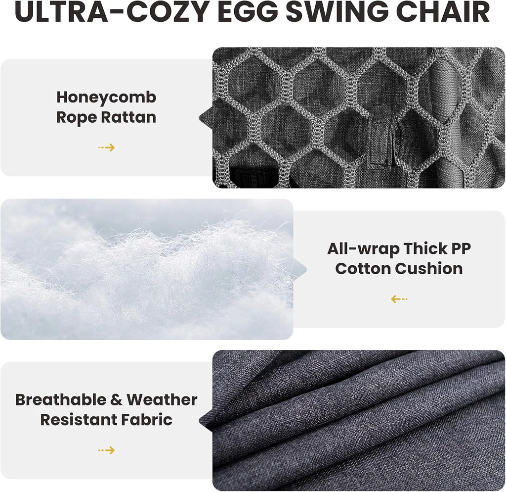 Egg Chair Outdoor with Stand, 400lbs Wicker Hanging Egg Swing Chair, Porch Swing Rocking Chair with Thick Cushion