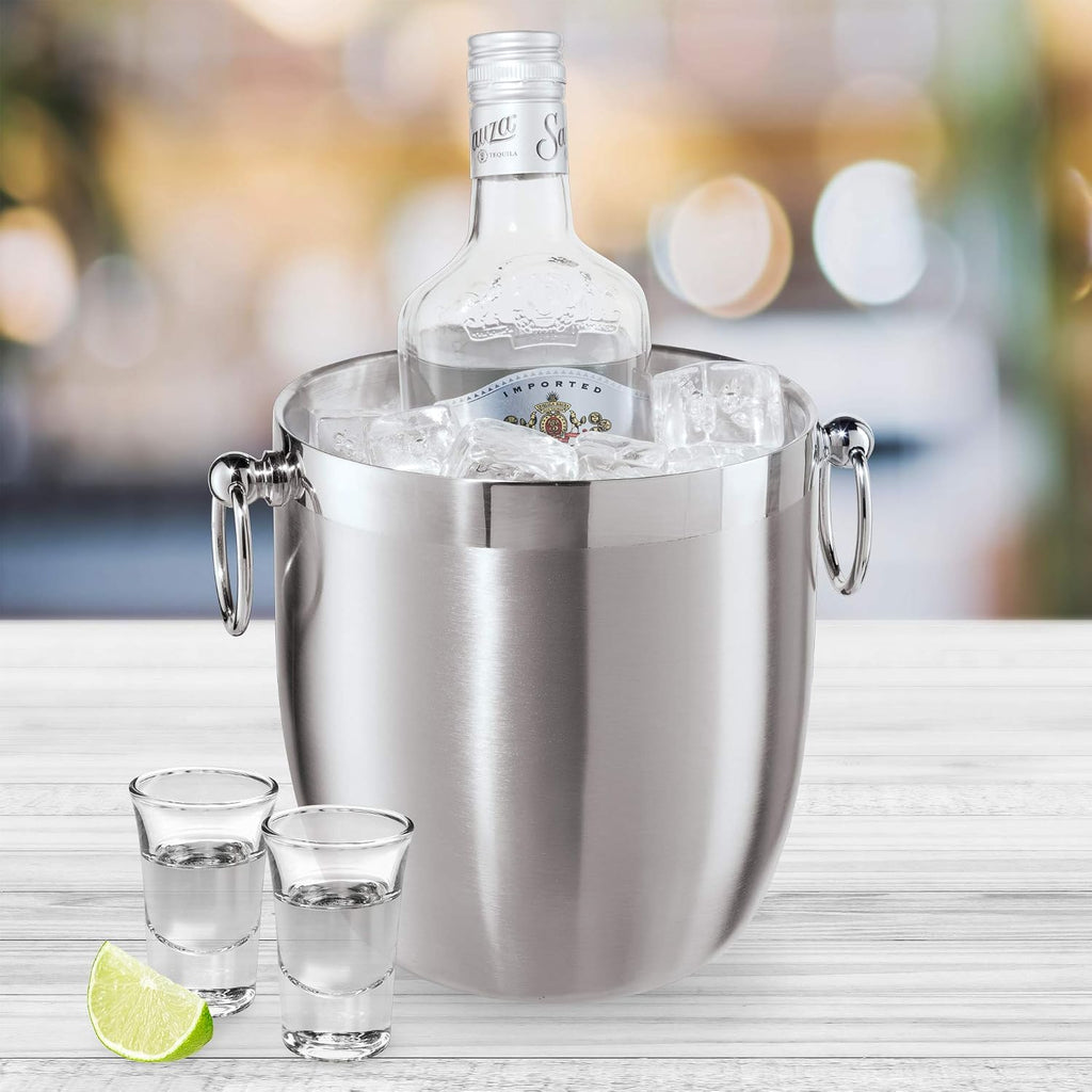 Double Wall Stainless Steel Ice Bucket - Insulated Ice Bucket with Elegant Steel Lid, Classic Handles & Stainless