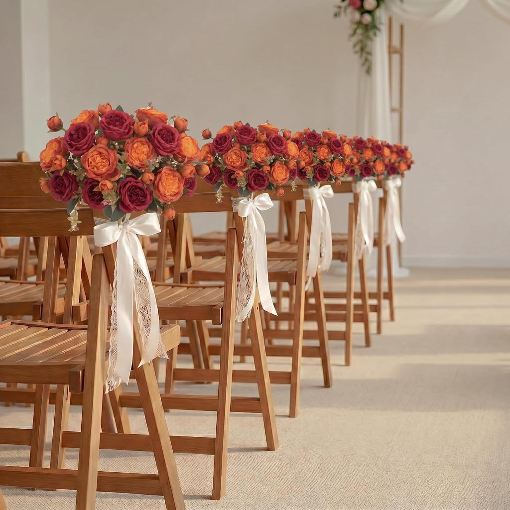 4-Bunch Burgundy and Orange Artificial Peony Bouquet for Fall Decor - Set of 4