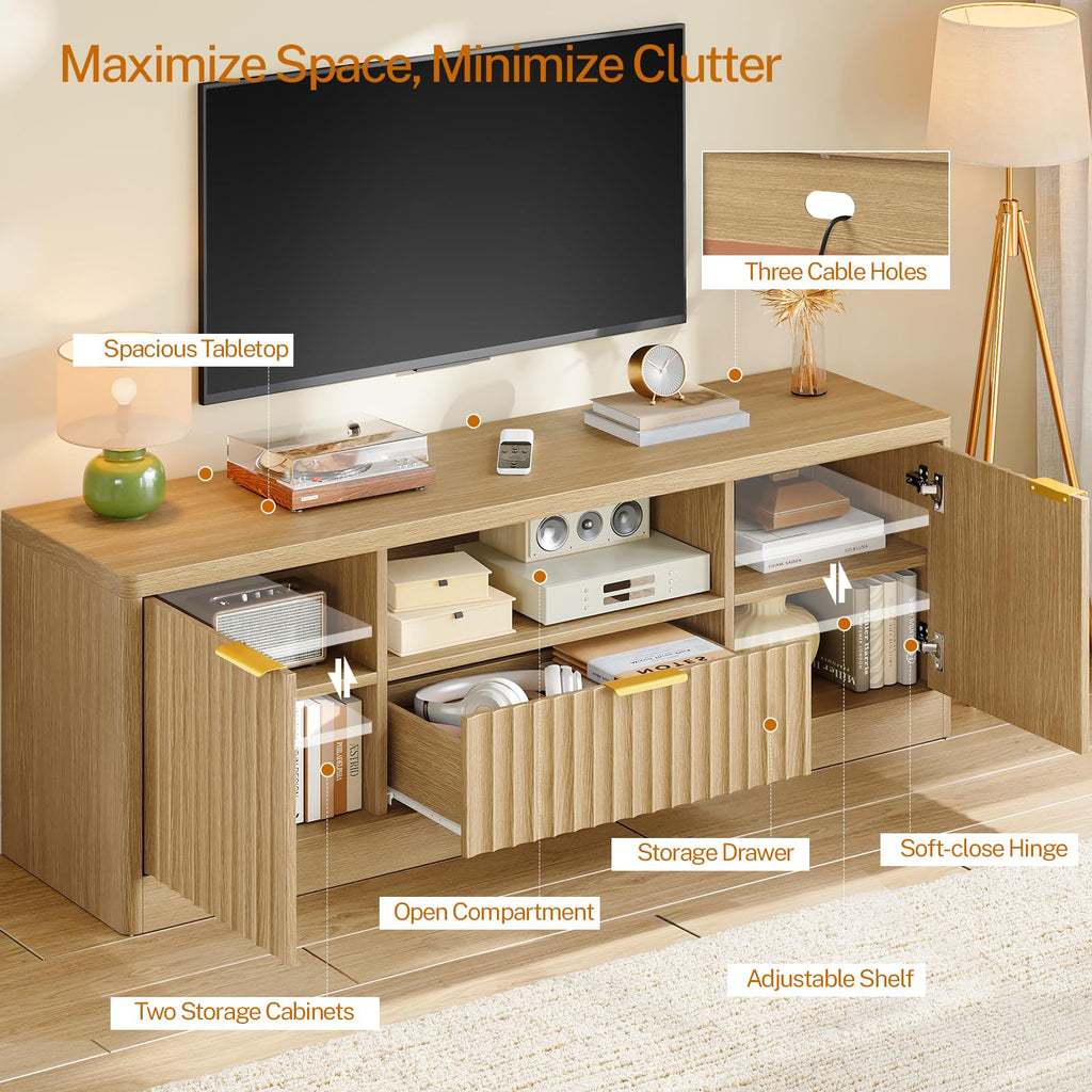 55" TV Stand for TVs Up to 65", Modern Fluted Entertainment Center with Drawer and Open Shelf, Media Console Table