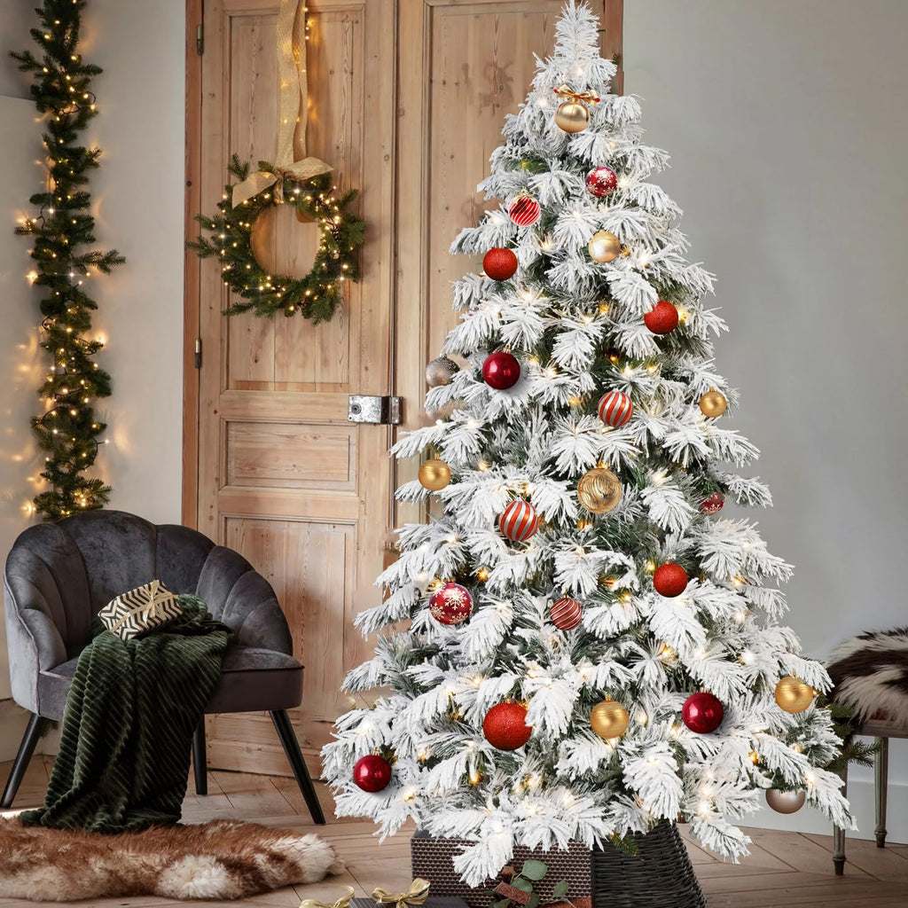 Prelit Flocked Christmas Tree, Premium Artificial Christmas Tree with 594 Branch Tips and 270 Warm White Lights