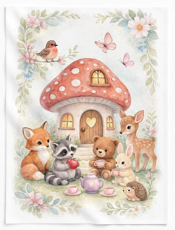 Woodland Tea Party Fabric Panel, Forest Animals Nursery Quilt Panel, Cotton Sateen (29 x 39 Inches)