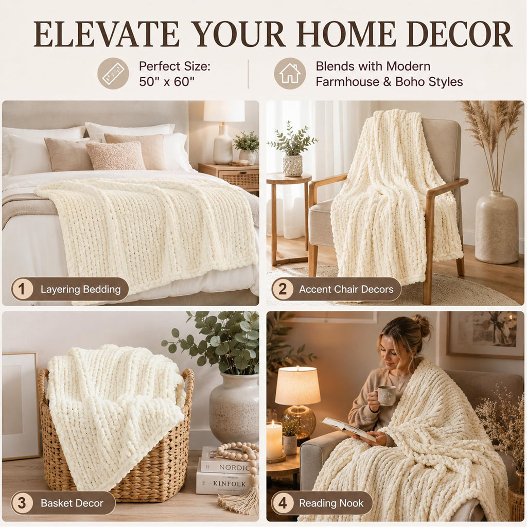 Luxury Chunky Knit Throw Blanket, Boho Chenille Cable Knit Blankets 50x60