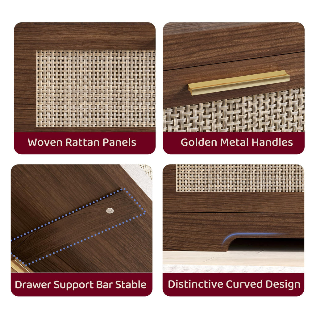 6 Drawer Rattan Dresser, Boho 47.2" Wide Wooden Chest of Drawers, Dresser TV Stand with Metal Handle, Large Storage