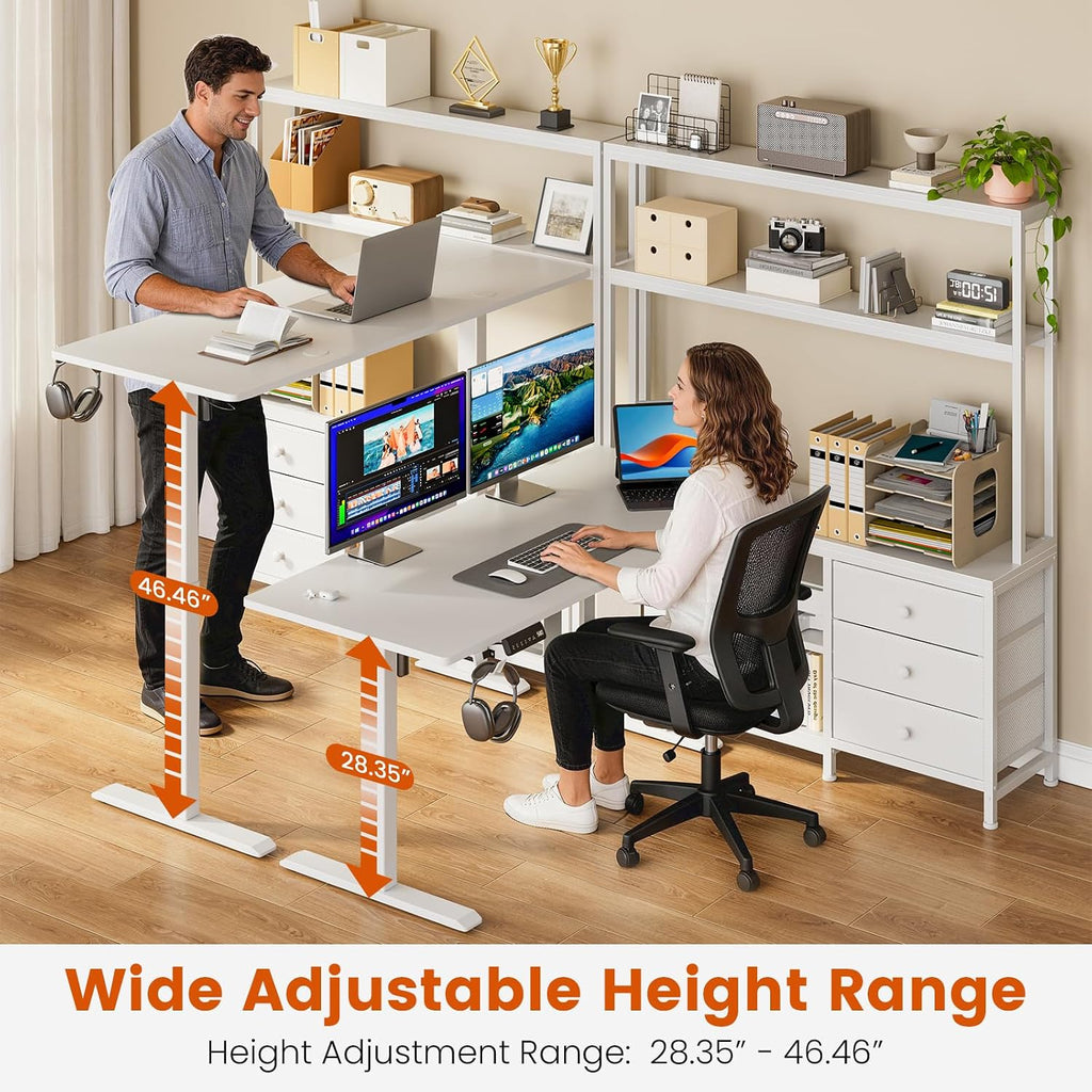 65Inch White L Shaped Standing Desk with Drawers and Hutch | Charging Station, RGB LED lights, Reversible Desk, File