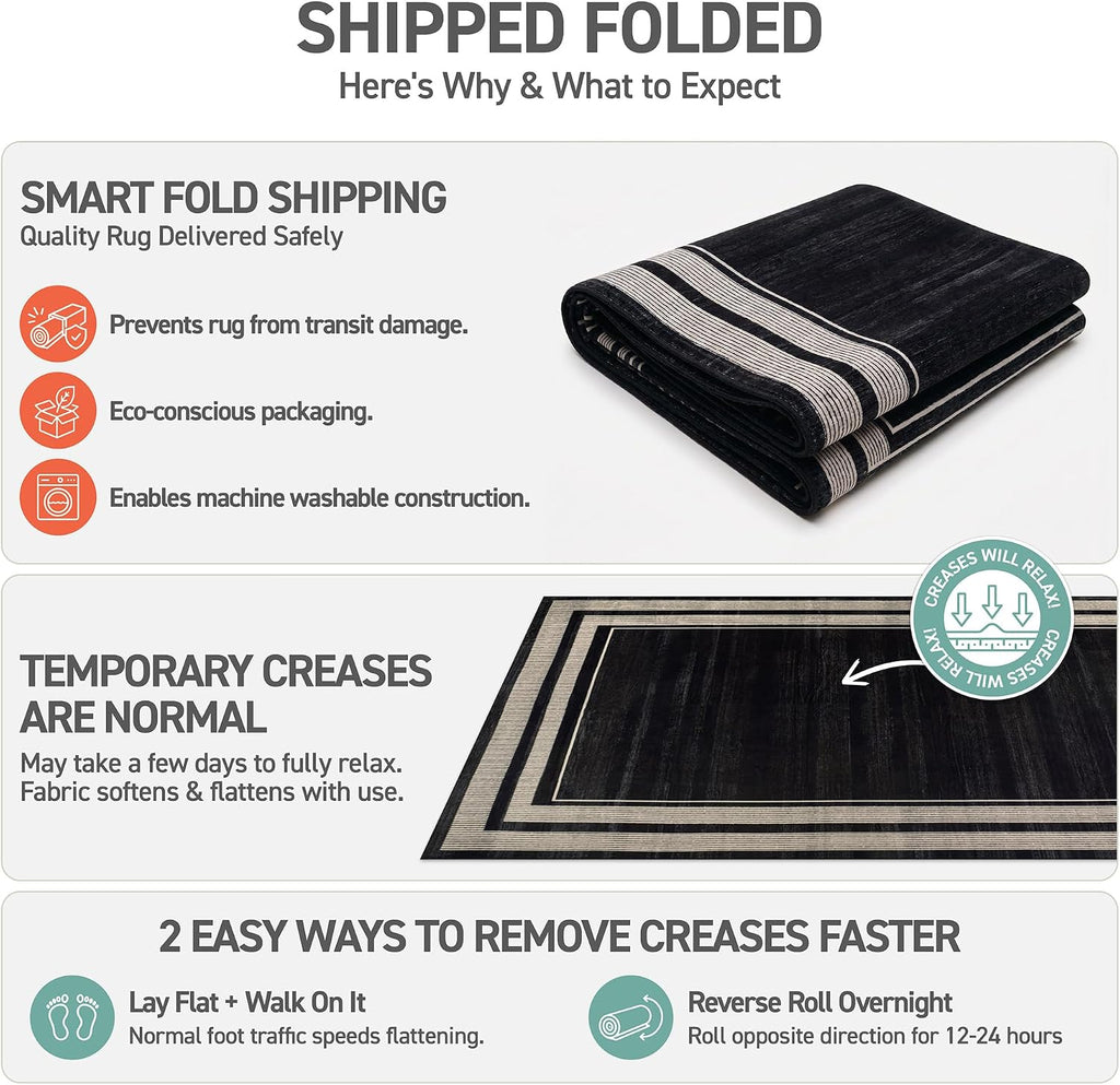 Striped Border Machine Washable Non-Slip Runner Rug, Black