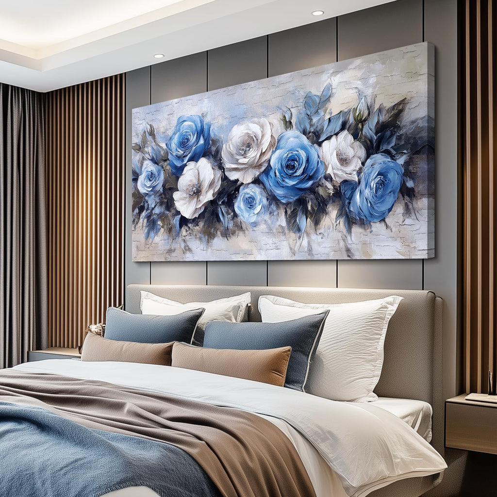 Floral Wall Art, Large Wall Art, Botanical Wall Decor, White Blue Flower Blossom Print Artwork, Modern Elegant