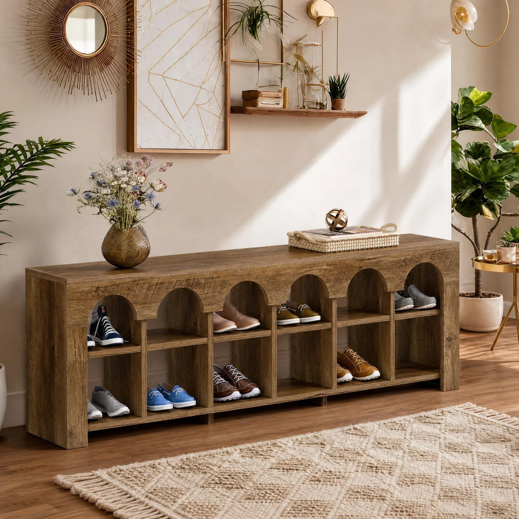 63" Entryway Bench with Shoe Storage, Farmhouse Bench with 12 Cubbies