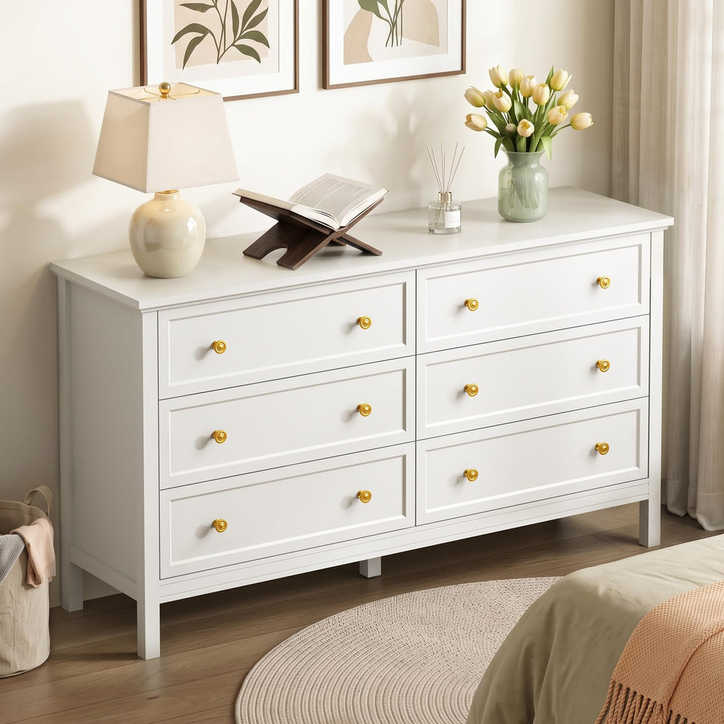 White Dresser, 55" Modern Dresser with 6 Drawers Gold Handles