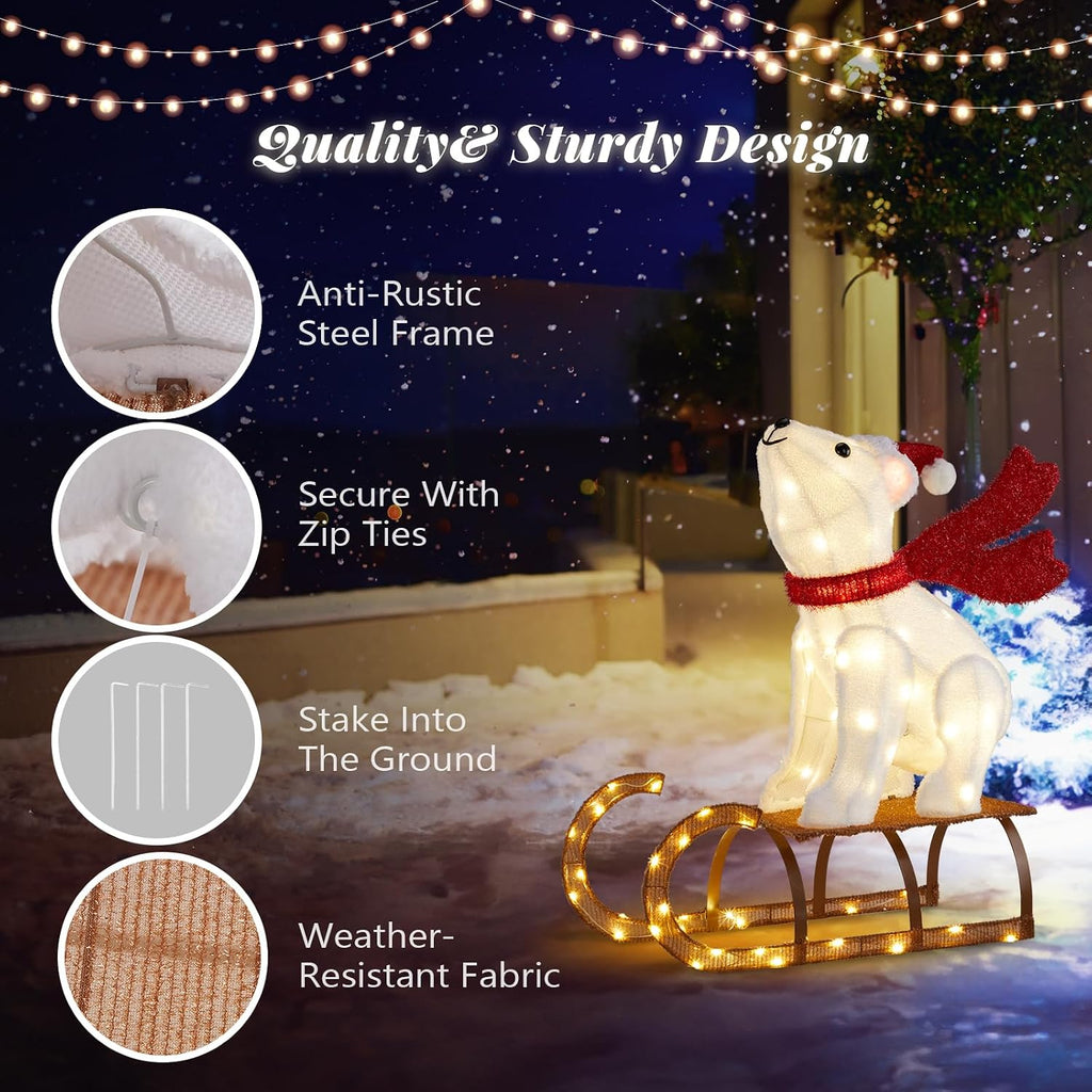 2.8FT Lighted Sleigh Polar Bear Christmas Outdoor Decorations, Christmas Yard Decorations with 104 Prelit LED, Light