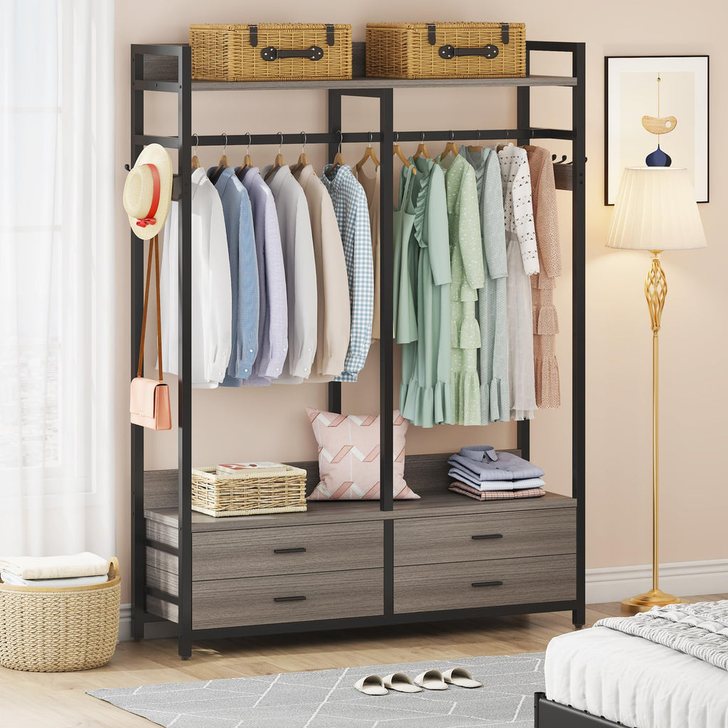 Freestanding Closet Organizer, Garment Rack with 4 Drawers, Gray